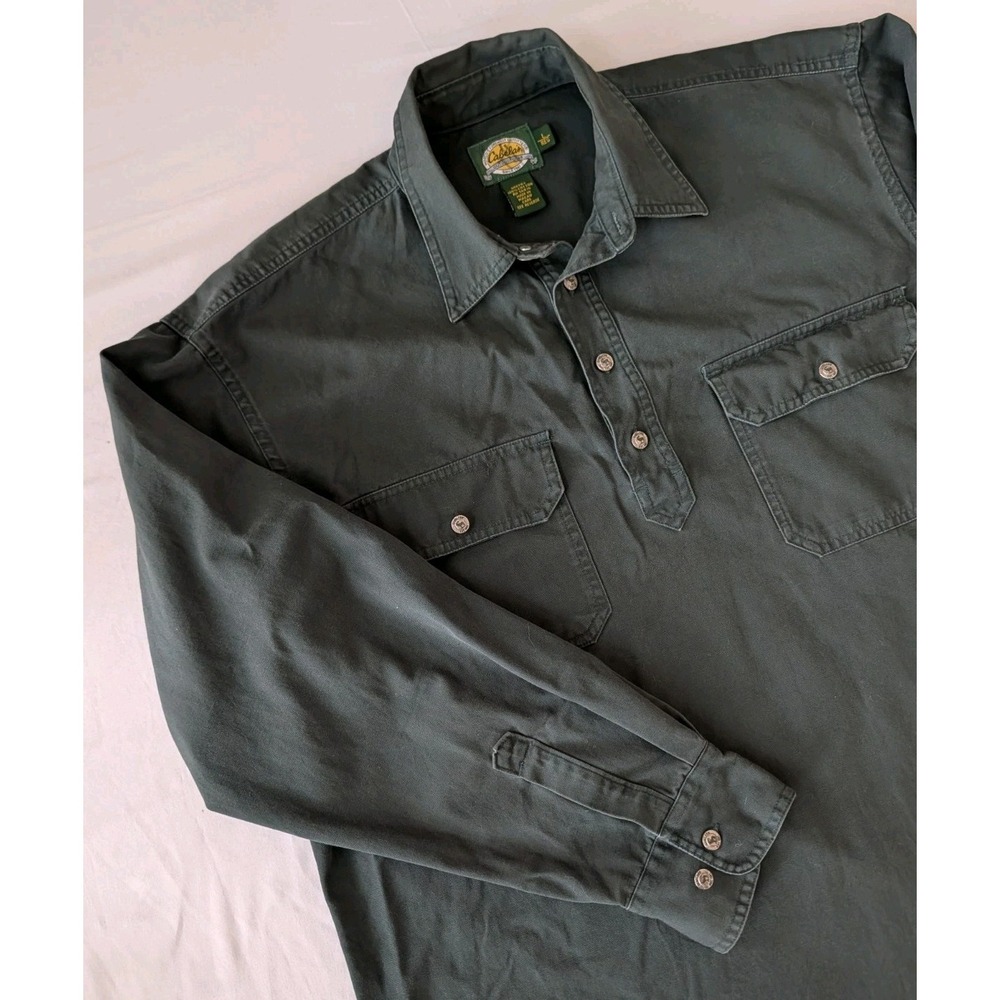 Vintage Cabela's Canvas Popover Shirt Mens Large Green Metal Deer Buttons Henley
